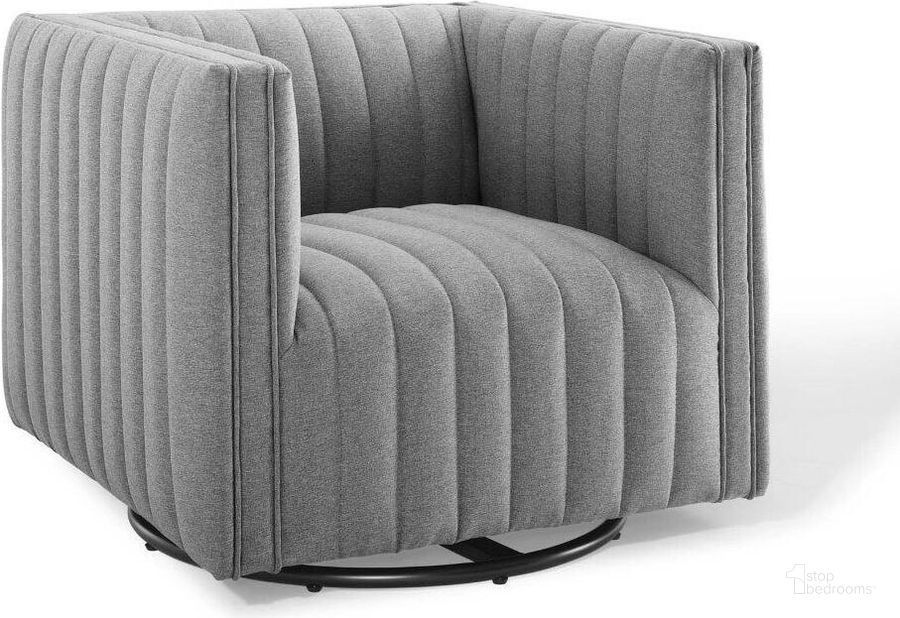 The appearance of Conjure Tufted Swivel Upholstered Armchair EEI-3926-LGR designed by Modway in the modern / contemporary interior design. This light gray piece of furniture  was selected by 1StopBedrooms from Conjure Collection to add a touch of cosiness and style into your home. Sku: EEI-3926-LGR. Material: Polyester. Product Type: Arm Chair. Image1