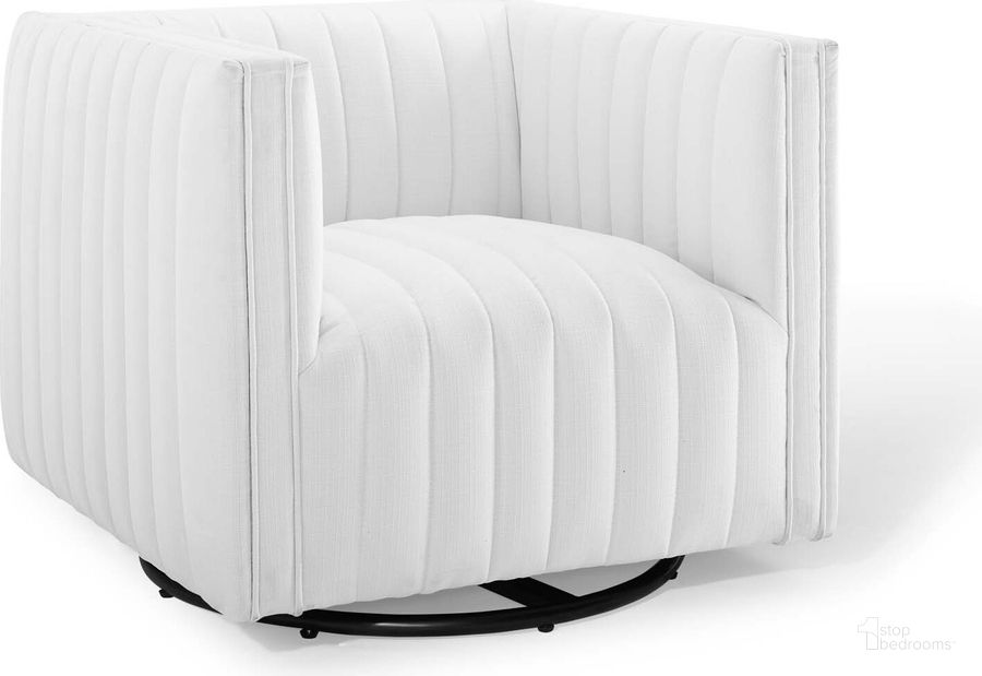 The appearance of Conjure Tufted Swivel Upholstered Armchair EEI-3926-WHI designed by Modway in the modern / contemporary interior design. This white piece of furniture  was selected by 1StopBedrooms from Conjure Collection to add a touch of cosiness and style into your home. Sku: EEI-3926-WHI. Material: Polyester. Product Type: Arm Chair. Image1