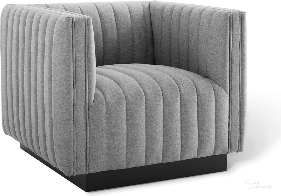 The appearance of Conjure Tufted Upholstered Fabric Armchair EEI-3927-LGR designed by Modway in the modern / contemporary interior design. This light gray piece of furniture  was selected by 1StopBedrooms from Conjure Collection to add a touch of cosiness and style into your home. Sku: EEI-3927-LGR. Material: Wood. Product Type: Arm Chair. Image1