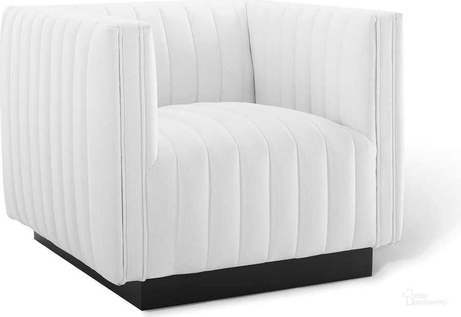 The appearance of Conjure Tufted Upholstered Fabric Armchair EEI-3927-WHI designed by Modway in the modern / contemporary interior design. This white piece of furniture  was selected by 1StopBedrooms from Conjure Collection to add a touch of cosiness and style into your home. Sku: EEI-3927-WHI. Material: Wood. Product Type: Arm Chair. Image1