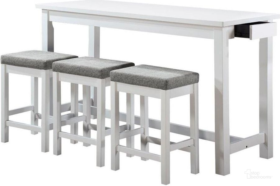 The appearance of Connected White 4 Piece Pack Counter Height Set designed by Homelegance in the transitional interior design. This white piece of furniture  was selected by 1StopBedrooms from Connected Collection to add a touch of cosiness and style into your home. Sku: 5713WT. Material: Microfiber. Product Type: Dining Room Set. Image1