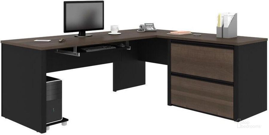 The appearance of Connexion L-shaped workstation in Antigua and Black 93862-000052 designed by Bestar in the modern / contemporary interior design. This black piece of furniture  was selected by 1StopBedrooms from Connexion Collection to add a touch of cosiness and style into your home. Sku: 93862-000052. Material: Wood. Product Type: Work Station. Image1
