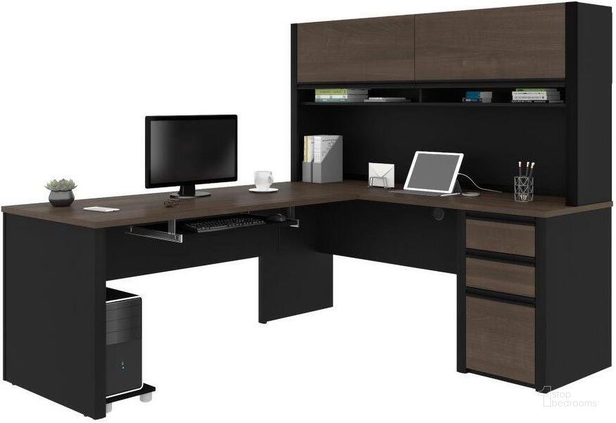 The appearance of Connexion L-shaped workstation with hutch in Antigua and Black designed by Bestar in the modern / contemporary interior design. This black piece of furniture  was selected by 1StopBedrooms from Connexion Collection to add a touch of cosiness and style into your home. Sku: 93859-000052. Material: Wood. Product Type: Work Station. Image1