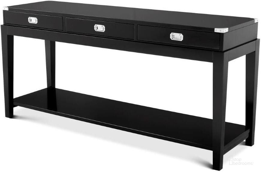 The appearance of Console Table Military Waxed Black Finish designed by Eichholtz in the modern / contemporary interior design. This black piece of furniture  was selected by 1StopBedrooms from Military Collection to add a touch of cosiness and style into your home. Sku: 110022. Product Type: Console Table. Image1