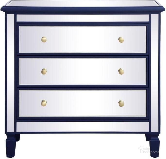 The appearance of Contempo 33 Inch Mirrored 3 Drawer Chest In Blue designed by Elegant Lighting in the modern / contemporary interior design. This blue piece of furniture  was selected by 1StopBedrooms from Contempo Collection to add a touch of cosiness and style into your home. Sku: MF6-1019BL. Material: Wood. Product Type: Chest. Image1