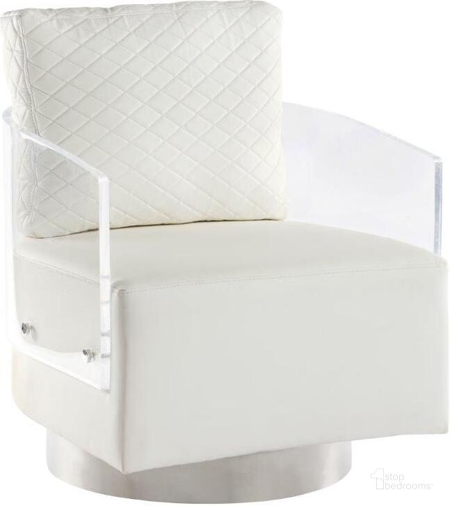 The appearance of Contemporary Acrylic Back Swiveling Accent Chair designed by Chintaly Imports in the modern / contemporary interior design. This brushed steel piece of furniture  was selected by 1StopBedrooms from Ciara Collection to add a touch of cosiness and style into your home. Sku: CIARA-ACC-WHT. Product Type: Accent Chair. Material: Acrylic. Image1