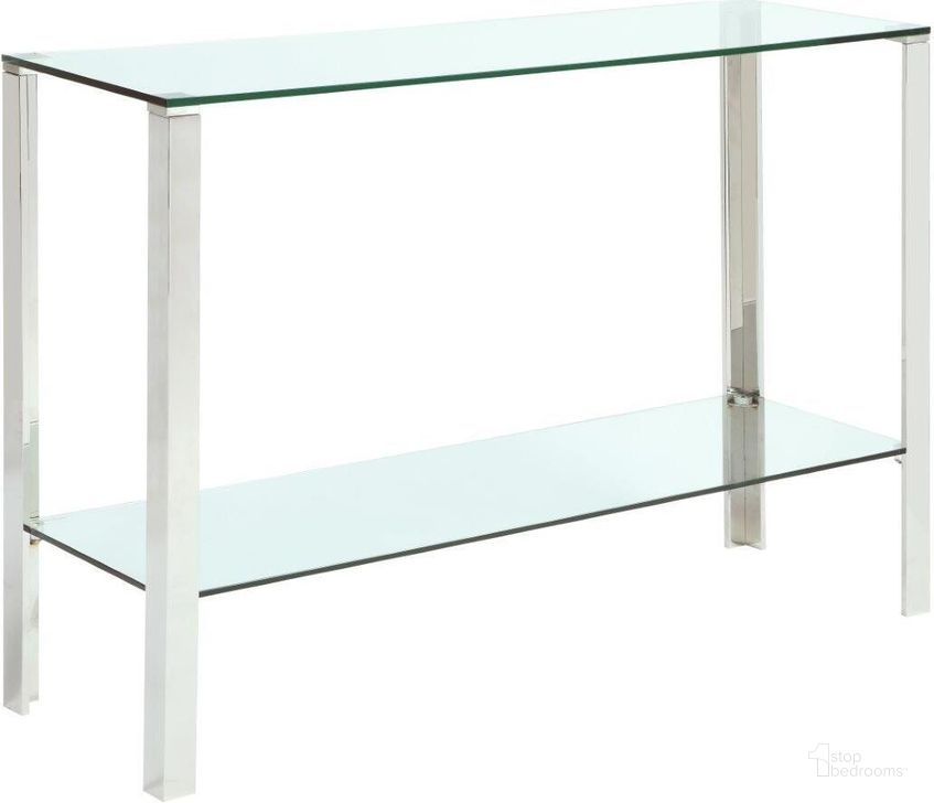 The appearance of Contemporary Rectangular Glass & Stainless Steel Sofa Table designed by Chintaly Imports in the modern / contemporary interior design. This stainless steel piece of furniture  was selected by 1StopBedrooms from  to add a touch of cosiness and style into your home. Sku: 5080-ST. Product Type: Sofa Table. Material: Stainless Steel. Image1