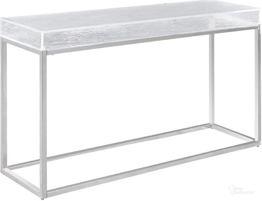 The appearance of Contemporary Sofa Table W/Acrylic Top & Stainless Steel Frame designed by Chintaly Imports in the modern / contemporary interior design. This stainless steel piece of furniture  was selected by 1StopBedrooms from Valerie Collection to add a touch of cosiness and style into your home. Sku: VALERIE-ST. Product Type: Sofa Table. Material: Stainless Steel. Image1