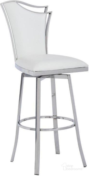 The appearance of Contemporary Swivel Bar Stool W/Design Back NADIA-BS-WHT designed by Chintaly Imports in the modern / contemporary interior design. This stainless steel piece of furniture  was selected by 1StopBedrooms from Nadia Collection to add a touch of cosiness and style into your home. Sku: NADIA-BS-WHT. Product Type: Barstool. Image1
