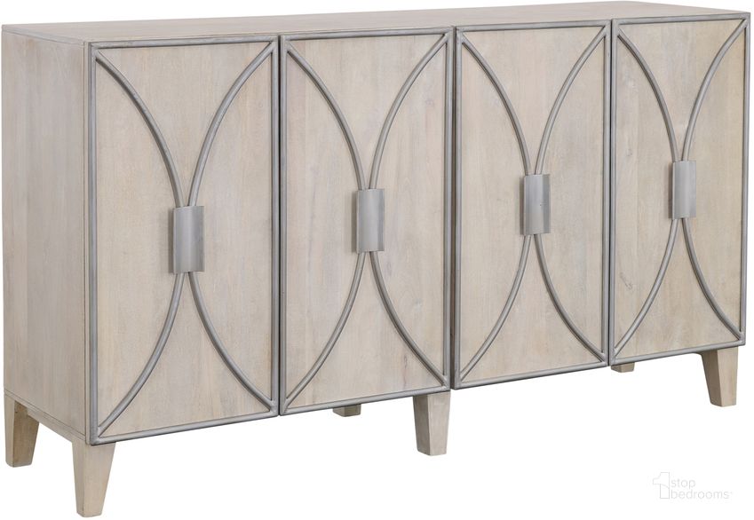 The appearance of Contemporary Whitewash Four Door Credenza With Metal Detailing designed by Coast to Coast in the glam interior design. This natural piece of furniture  was selected by 1StopBedrooms from Nikolai Collection to add a touch of cosiness and style into your home. Sku: 92503. Material: Wood. Product Type: Credenza. Image1