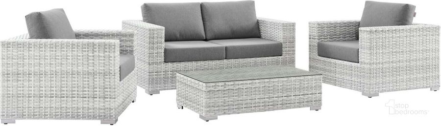 The appearance of Convene 4-Piece Outdoor Patio Set EEI-5446-LGR-GRY designed by Modway in the modern / contemporary interior design. This light gray gray piece of furniture  was selected by 1StopBedrooms from Convene Collection to add a touch of cosiness and style into your home. Sku: EEI-5446-LGR-GRY. Product Type: Outdoor Conversation Set. Material: Stainless Steel. Image1