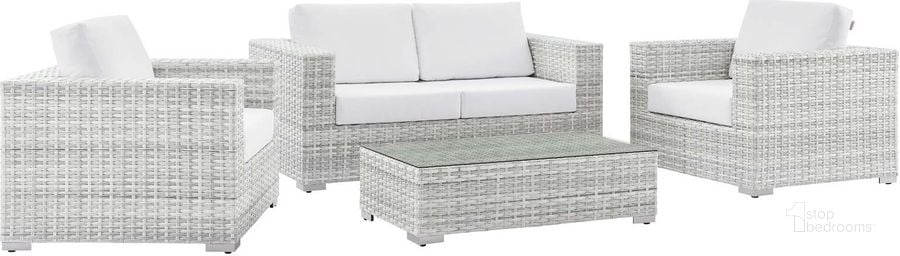 The appearance of Convene 4-Piece Outdoor Patio Set EEI-5446-LGR-WHI designed by Modway in the modern / contemporary interior design. This light gray white piece of furniture  was selected by 1StopBedrooms from Convene Collection to add a touch of cosiness and style into your home. Sku: EEI-5446-LGR-WHI. Product Type: Outdoor Conversation Set. Material: Stainless Steel. Image1
