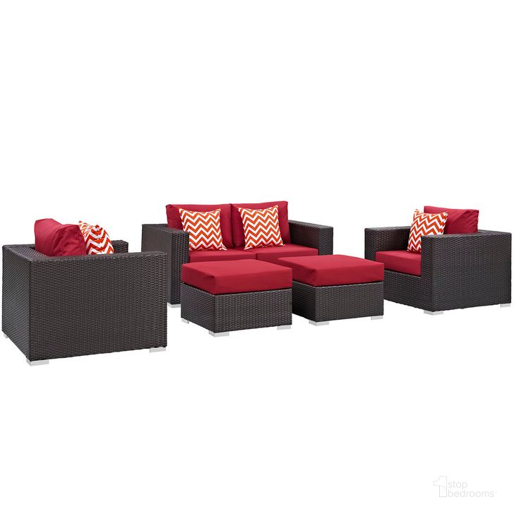 The appearance of Convene 5-Piece Outdoor Patio Sofa Set In Espresso Red designed by Modway in the  interior design. This espresso red piece of furniture  was selected by 1StopBedrooms from Convene Collection to add a touch of cosiness and style into your home. Sku: EEI-2351-EXP-RED-SET. Product Type: Outdoor Set. Material: Rattan. Image1