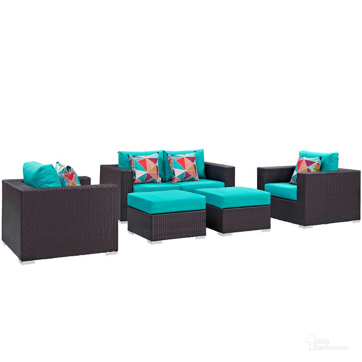 The appearance of Convene 5-Piece Outdoor Patio Sofa Set In Espresso Turquoise designed by Modway in the  interior design. This espresso turquoise piece of furniture  was selected by 1StopBedrooms from Convene Collection to add a touch of cosiness and style into your home. Sku: EEI-2351-EXP-TRQ-SET. Product Type: Outdoor Set. Material: Rattan. Image1