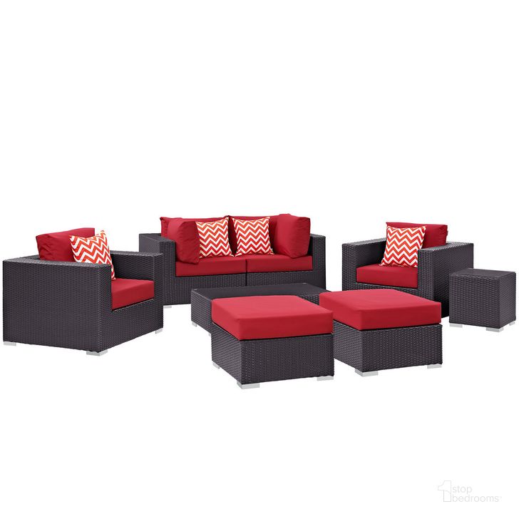The appearance of Convene 8-Piece Outdoor Patio Sectional Set In Espresso Red designed by Modway in the  interior design. This espresso red piece of furniture  was selected by 1StopBedrooms from Convene Collection to add a touch of cosiness and style into your home. Sku: EEI-2371-EXP-RED-SET. Product Type: Outdoor Sectional. Material: Foam. Image1