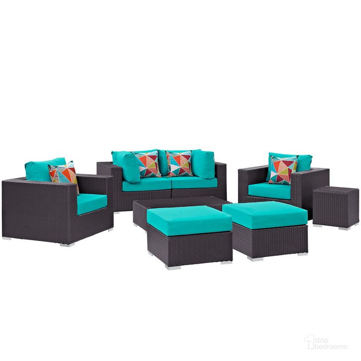 The appearance of Convene 8-Piece Outdoor Patio Sectional Set In Espresso Turquoise designed by Modway in the  interior design. This espresso turquoise piece of furniture  was selected by 1StopBedrooms from Convene Collection to add a touch of cosiness and style into your home. Sku: EEI-2371-EXP-TRQ-SET. Product Type: Outdoor Sectional. Material: Foam. Image1