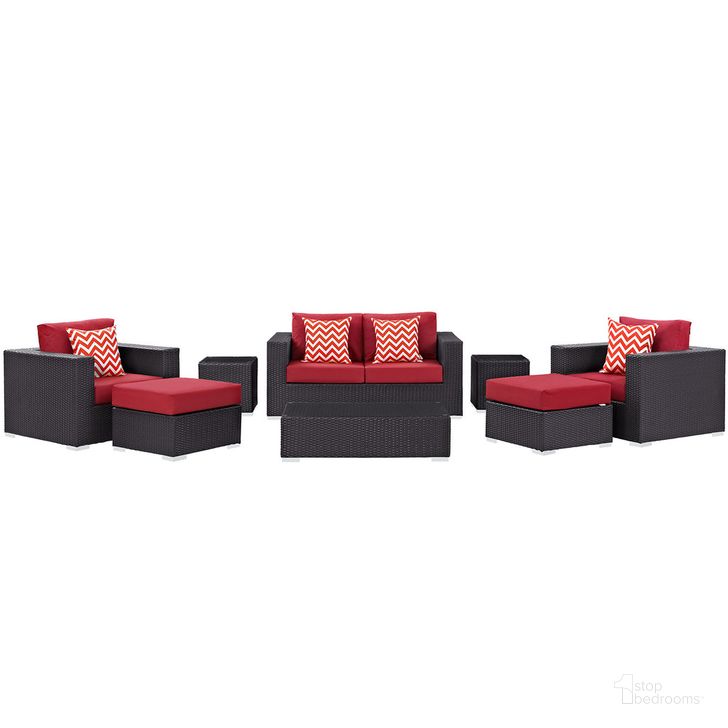 The appearance of Convene 8-Piece Outdoor Patio Sofa Set In Espresso Red designed by Modway in the  interior design. This espresso red piece of furniture  was selected by 1StopBedrooms from Convene Collection to add a touch of cosiness and style into your home. Sku: EEI-2352-EXP-RED-SET. Product Type: Outdoor Set. Material: Rattan. Image1