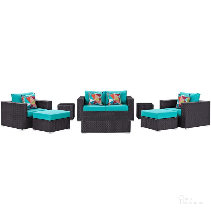 The appearance of Convene 8-Piece Outdoor Patio Sofa Set In Espresso Turquoise designed by Modway in the  interior design. This espresso turquoise piece of furniture  was selected by 1StopBedrooms from Convene Collection to add a touch of cosiness and style into your home. Sku: EEI-2352-EXP-TRQ-SET. Product Type: Outdoor Set. Material: Rattan. Image1