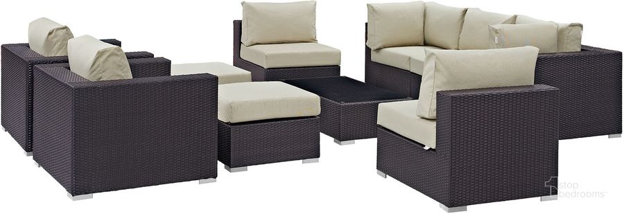 The appearance of Convene Espresso Beige 10 Piece Outdoor Patio Sectional Set designed by Modway in the modern / contemporary interior design. This espresso beige piece of furniture  was selected by 1StopBedrooms from Convene Collection to add a touch of cosiness and style into your home. Sku: EEI-2169-EXP-BEI-SET. Material: Steel. Product Type: Outdoor Conversation Set. Image1