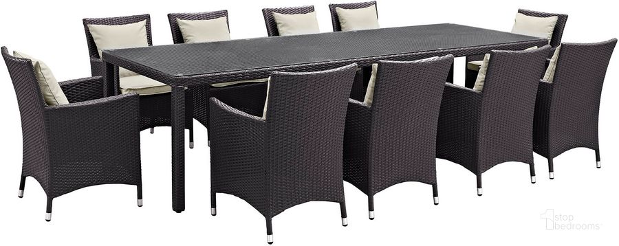 The appearance of Convene Espresso Beige 11 Piece Outdoor Patio Dining Set EEI-2219-EXP-BEI-SET designed by Modway in the modern / contemporary interior design. This espresso beige piece of furniture  was selected by 1StopBedrooms from Convene Collection to add a touch of cosiness and style into your home. Sku: EEI-2219-EXP-BEI-SET. Table Base Style: Legs. Material: Rattan. Table Top Shape: Rectangular. Product Type: Outdoor Dining Set. Image1
