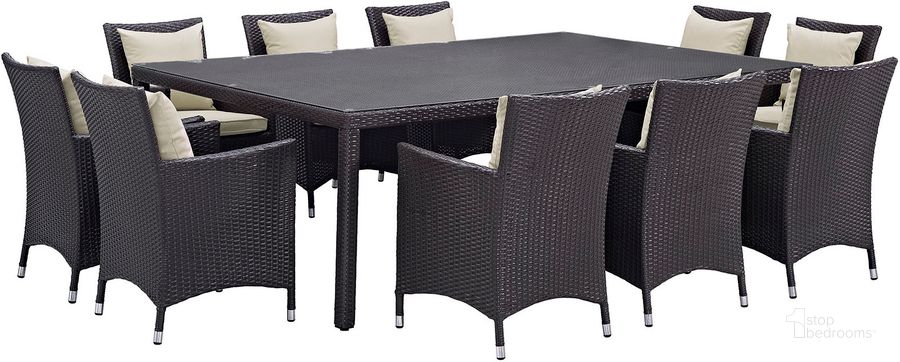 The appearance of Convene Espresso Beige 11 Piece Outdoor Patio Dining Set EEI-2240-EXP-BEI-SET designed by Modway in the modern / contemporary interior design. This espresso beige piece of furniture  was selected by 1StopBedrooms from Convene Collection to add a touch of cosiness and style into your home. Sku: EEI-2240-EXP-BEI-SET. Table Base Style: Legs. Material: Rattan. Table Top Shape: Rectangular. Product Type: Outdoor Dining Set. Image1