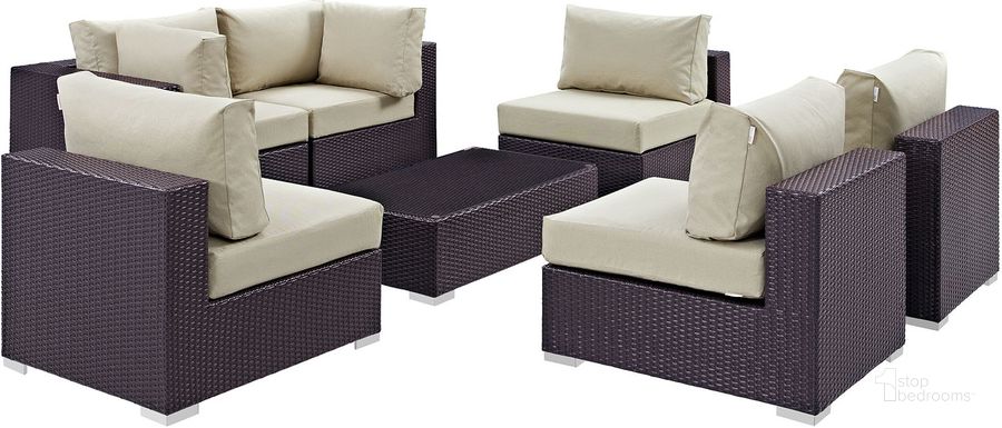 The appearance of Convene Espresso Beige 7 Piece Outdoor Patio Sectional Set EEI-2164-EXP-BEI-SET designed by Modway in the modern / contemporary interior design. This espresso beige piece of furniture  was selected by 1StopBedrooms from Convene Collection to add a touch of cosiness and style into your home. Sku: EEI-2164-EXP-BEI-SET. Material: Steel. Product Type: Outdoor Conversation Set. Image1