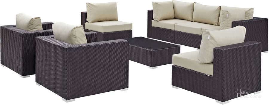 The appearance of Convene Espresso Beige 8 Piece Outdoor Patio Sectional Set EEI-2203-EXP-BEI-SET designed by Modway in the modern / contemporary interior design. This espresso beige piece of furniture  was selected by 1StopBedrooms from Convene Collection to add a touch of cosiness and style into your home. Sku: EEI-2203-EXP-BEI-SET. Material: Steel. Product Type: Outdoor Conversation Set. Image1