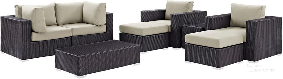 The appearance of Convene Espresso Beige 8 Piece Outdoor Patio Sectional Set EEI-2206-EXP-BEI-SET designed by Modway in the modern / contemporary interior design. This espresso beige piece of furniture  was selected by 1StopBedrooms from Convene Collection to add a touch of cosiness and style into your home. Sku: EEI-2206-EXP-BEI-SET. Material: Steel. Product Type: Outdoor Conversation Set. Image1