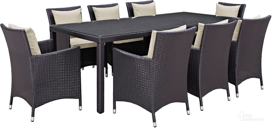 The appearance of Convene Espresso Beige 9 Piece Outdoor Patio Dining Set designed by Modway in the modern / contemporary interior design. This espresso beige piece of furniture  was selected by 1StopBedrooms from Convene Collection to add a touch of cosiness and style into your home. Sku: EEI-2217-EXP-BEI-SET. Table Base Style: Legs. Material: Rattan. Table Top Shape: Rectangular. Product Type: Outdoor Dining Set. Image1