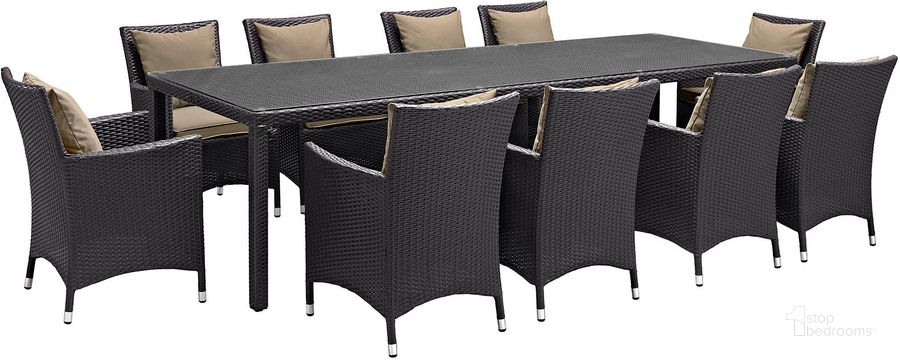 The appearance of Convene Espresso Mocha 11 Piece Outdoor Patio Dining Set EEI-2219-EXP-MOC-SET designed by Modway in the modern / contemporary interior design. This espresso mocha piece of furniture  was selected by 1StopBedrooms from Convene Collection to add a touch of cosiness and style into your home. Sku: EEI-2219-EXP-MOC-SET. Table Base Style: Legs. Material: Rattan. Table Top Shape: Rectangular. Product Type: Outdoor Dining Set. Image1