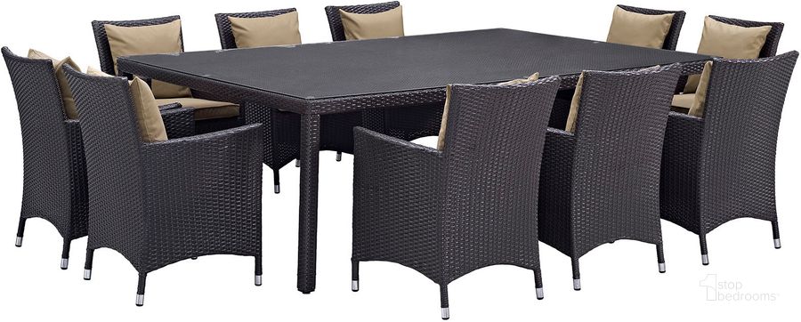 The appearance of Convene Espresso Mocha 11 Piece Outdoor Patio Dining Set EEI-2240-EXP-MOC-SET designed by Modway in the modern / contemporary interior design. This espresso mocha piece of furniture  was selected by 1StopBedrooms from Convene Collection to add a touch of cosiness and style into your home. Sku: EEI-2240-EXP-MOC-SET. Table Base Style: Legs. Material: Rattan. Table Top Shape: Rectangular. Product Type: Outdoor Dining Set. Image1