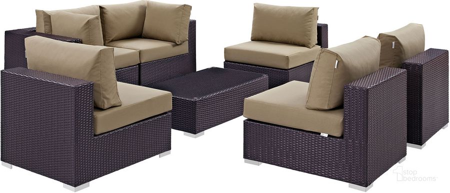 The appearance of Convene Espresso Mocha 7 Piece Outdoor Patio Sectional Set EEI-2164-EXP-MOC-SET designed by Modway in the modern / contemporary interior design. This espresso mocha piece of furniture  was selected by 1StopBedrooms from Convene Collection to add a touch of cosiness and style into your home. Sku: EEI-2164-EXP-MOC-SET. Material: Steel. Product Type: Outdoor Conversation Set. Image1