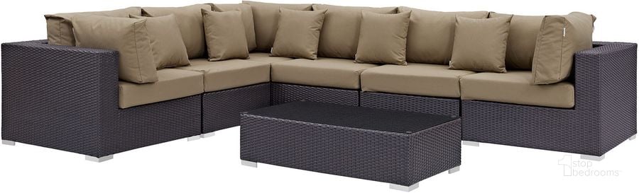 The appearance of Convene Espresso Mocha 7 Piece Outdoor Patio Sectional Set EEI-2168-EXP-MOC-SET designed by Modway in the modern / contemporary interior design. This espresso mocha piece of furniture  was selected by 1StopBedrooms from Convene Collection to add a touch of cosiness and style into your home. Sku: EEI-2168-EXP-MOC-SET. Material: Steel. Product Type: Outdoor Conversation Set. Image1