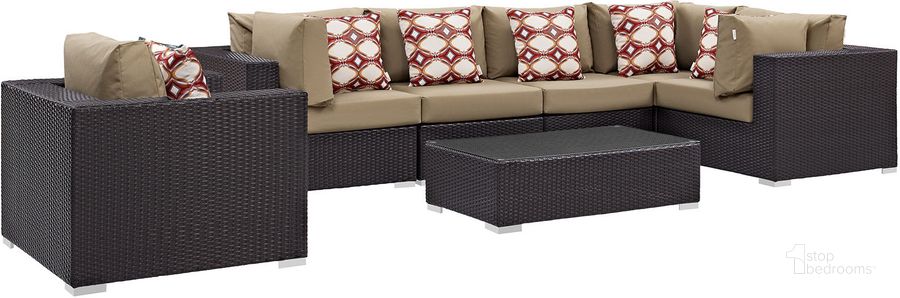 The appearance of Convene Espresso Mocha 7 Piece Outdoor Patio Sectional Set EEI-2350-EXP-MOC-SET designed by Modway in the modern / contemporary interior design. This espresso mocha piece of furniture  was selected by 1StopBedrooms from Convene Collection to add a touch of cosiness and style into your home. Sku: EEI-2350-EXP-MOC-SET. Material: Steel. Product Type: Outdoor Conversation Set. Image1