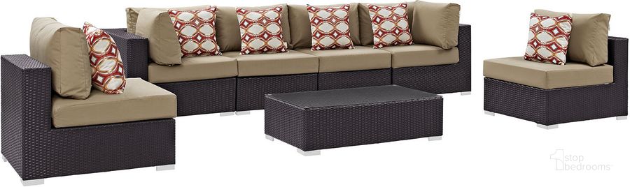 The appearance of Convene Espresso Mocha 7 Piece Outdoor Patio Sectional Set EEI-2357-EXP-MOC-SET designed by Modway in the modern / contemporary interior design. This espresso mocha piece of furniture  was selected by 1StopBedrooms from Convene Collection to add a touch of cosiness and style into your home. Sku: EEI-2357-EXP-MOC-SET. Material: Steel. Product Type: Outdoor Conversation Set. Image1