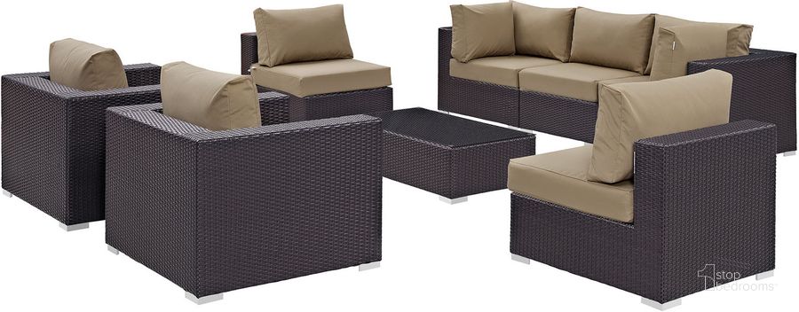 The appearance of Convene Espresso Mocha 8 Piece Outdoor Patio Sectional Set EEI-2203-EXP-MOC-SET designed by Modway in the modern / contemporary interior design. This espresso mocha piece of furniture  was selected by 1StopBedrooms from Convene Collection to add a touch of cosiness and style into your home. Sku: EEI-2203-EXP-MOC-SET. Material: Steel. Product Type: Outdoor Conversation Set. Image1