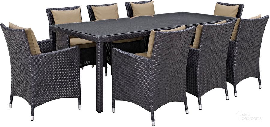 The appearance of Convene Espresso Mocha 9 Piece Outdoor Patio Dining Set designed by Modway in the modern / contemporary interior design. This espresso mocha piece of furniture  was selected by 1StopBedrooms from Convene Collection to add a touch of cosiness and style into your home. Sku: EEI-2217-EXP-MOC-SET. Table Base Style: Legs. Material: Rattan. Table Top Shape: Rectangular. Product Type: Outdoor Dining Set. Image1