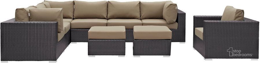 The appearance of Convene Espresso Mocha 9 Piece Outdoor Patio Sectional Set designed by Modway in the modern / contemporary interior design. This espresso mocha piece of furniture  was selected by 1StopBedrooms from Convene Collection to add a touch of cosiness and style into your home. Sku: EEI-2208-EXP-MOC-SET. Material: Steel. Product Type: Outdoor Conversation Set. Image1