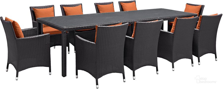 The appearance of Convene Espresso Orange 11 Piece Outdoor Patio Dining Set EEI-2219-EXP-ORA-SET designed by Modway in the modern / contemporary interior design. This espresso orange piece of furniture  was selected by 1StopBedrooms from Convene Collection to add a touch of cosiness and style into your home. Sku: EEI-2219-EXP-ORA-SET. Table Base Style: Legs. Material: Rattan. Table Top Shape: Rectangular. Product Type: Outdoor Dining Set. Image1