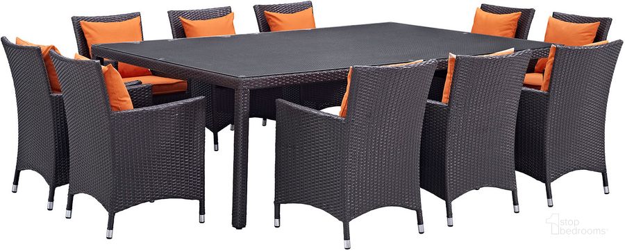 The appearance of Convene Espresso Orange 11 Piece Outdoor Patio Dining Set EEI-2240-EXP-ORA-SET designed by Modway in the modern / contemporary interior design. This espresso orange piece of furniture  was selected by 1StopBedrooms from Convene Collection to add a touch of cosiness and style into your home. Sku: EEI-2240-EXP-ORA-SET. Table Base Style: Legs. Material: Rattan. Table Top Shape: Rectangular. Product Type: Outdoor Dining Set. Image1