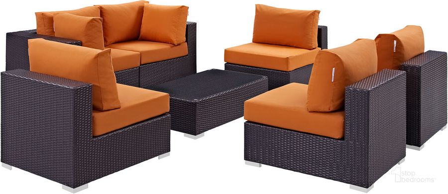 The appearance of Convene Espresso Orange 7 Piece Outdoor Patio Sectional Set EEI-2164-EXP-ORA-SET designed by Modway in the modern / contemporary interior design. This espresso orange piece of furniture  was selected by 1StopBedrooms from Convene Collection to add a touch of cosiness and style into your home. Sku: EEI-2164-EXP-ORA-SET. Material: Steel. Product Type: Outdoor Conversation Set. Image1