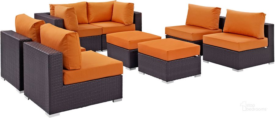 The appearance of Convene Espresso Orange 8 Piece Outdoor Patio Sectional Set EEI-2204-EXP-ORA-SET designed by Modway in the modern / contemporary interior design. This espresso orange piece of furniture  was selected by 1StopBedrooms from Convene Collection to add a touch of cosiness and style into your home. Sku: EEI-2204-EXP-ORA-SET. Material: Steel. Product Type: Outdoor Conversation Set. Image1