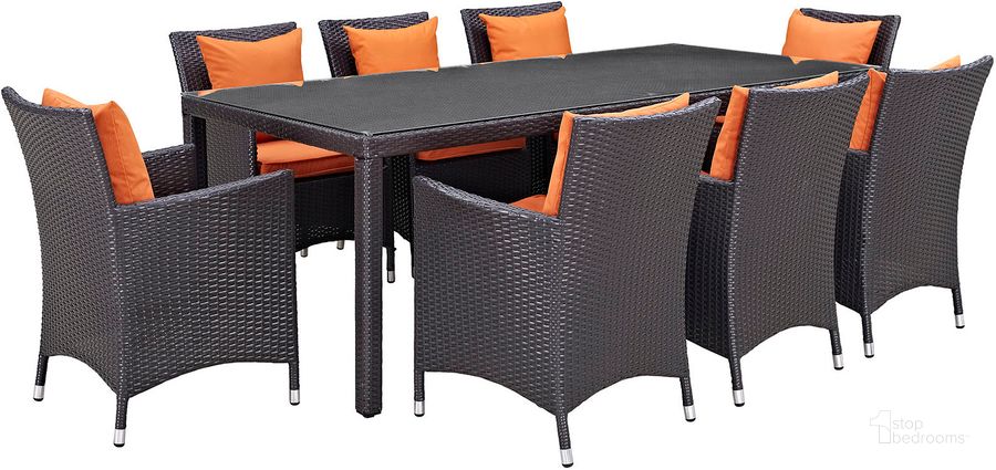The appearance of Convene Espresso Orange 9 Piece Outdoor Patio Dining Set designed by Modway in the modern / contemporary interior design. This espresso orange piece of furniture  was selected by 1StopBedrooms from Convene Collection to add a touch of cosiness and style into your home. Sku: EEI-2217-EXP-ORA-SET. Table Base Style: Legs. Material: Rattan. Table Top Shape: Rectangular. Product Type: Outdoor Dining Set. Image1