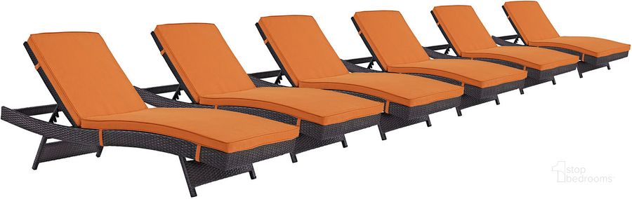 The appearance of Convene Espresso Orange Chaise Outdoor Patio Set of 6 designed by Modway in the modern / contemporary interior design. This espresso orange piece of furniture  was selected by 1StopBedrooms from Convene Collection to add a touch of cosiness and style into your home. Sku: EEI-2430-EXP-ORA-SET. Material: Rattan. Product Type: Outdoor Chaise Lounge. Image1