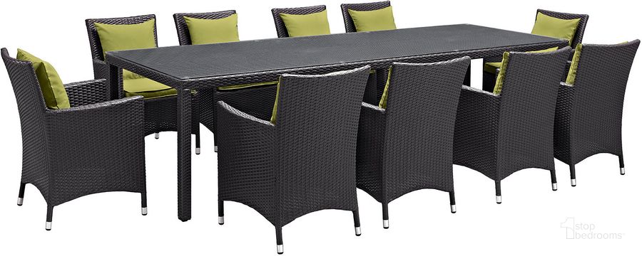 The appearance of Convene Espresso Peridot 11 Piece Outdoor Patio Dining Set EEI-2219-EXP-PER-SET designed by Modway in the modern / contemporary interior design. This espresso peridot piece of furniture  was selected by 1StopBedrooms from Convene Collection to add a touch of cosiness and style into your home. Sku: EEI-2219-EXP-PER-SET. Table Base Style: Legs. Material: Rattan. Table Top Shape: Rectangular. Product Type: Outdoor Dining Set. Image1