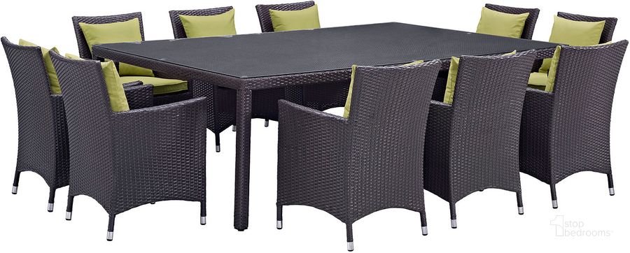 The appearance of Convene Espresso Peridot 11 Piece Outdoor Patio Dining Set EEI-2240-EXP-PER-SET designed by Modway in the modern / contemporary interior design. This espresso peridot piece of furniture  was selected by 1StopBedrooms from Convene Collection to add a touch of cosiness and style into your home. Sku: EEI-2240-EXP-PER-SET. Table Base Style: Legs. Material: Rattan. Table Top Shape: Rectangular. Product Type: Outdoor Dining Set. Image1