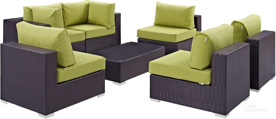 The appearance of Convene Espresso Peridot 7 Piece Outdoor Patio Sectional Set designed by Modway in the modern / contemporary interior design. This espresso peridot piece of furniture  was selected by 1StopBedrooms from Convene Collection to add a touch of cosiness and style into your home. Sku: EEI-2164-EXP-PER-SET. Material: Steel. Product Type: Outdoor Conversation Set. Image1
