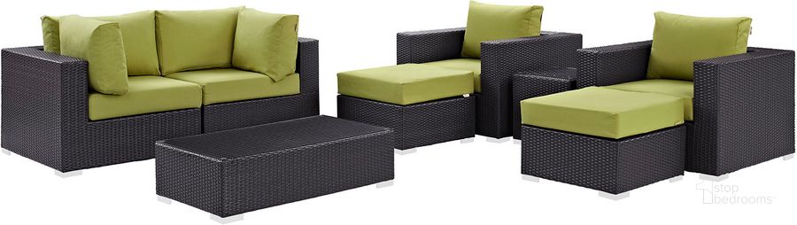 The appearance of Convene Espresso Peridot 8 Piece Outdoor Patio Sectional Set EEI-2206-EXP-PER-SET designed by Modway in the modern / contemporary interior design. This espresso peridot piece of furniture  was selected by 1StopBedrooms from Convene Collection to add a touch of cosiness and style into your home. Sku: EEI-2206-EXP-PER-SET. Material: Steel. Product Type: Outdoor Conversation Set. Image1