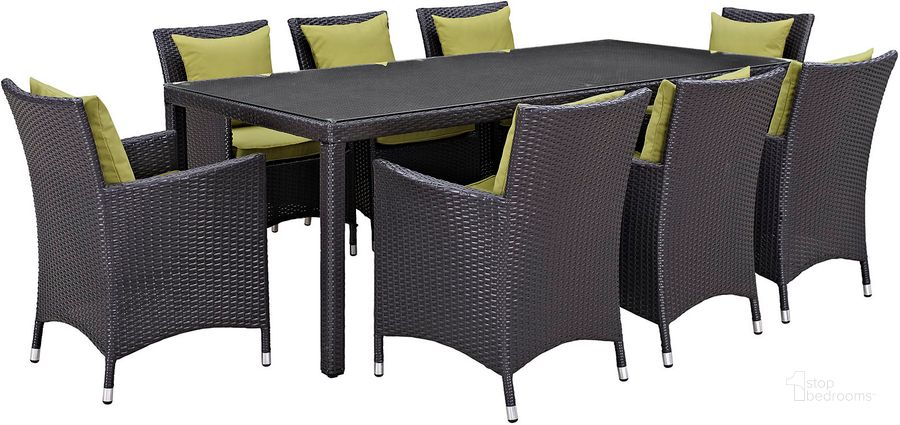 The appearance of Convene Espresso Peridot 9 Piece Outdoor Patio Dining Set designed by Modway in the modern / contemporary interior design. This espresso peridot piece of furniture  was selected by 1StopBedrooms from Convene Collection to add a touch of cosiness and style into your home. Sku: EEI-2217-EXP-PER-SET. Table Base Style: Legs. Material: Rattan. Table Top Shape: Rectangular. Product Type: Outdoor Dining Set. Image1