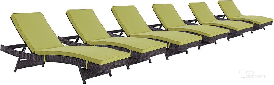 The appearance of Convene Espresso Peridot Chaise Outdoor Patio Set of 6 designed by Modway in the modern / contemporary interior design. This espresso peridot piece of furniture  was selected by 1StopBedrooms from Convene Collection to add a touch of cosiness and style into your home. Sku: EEI-2430-EXP-PER-SET. Material: Rattan. Product Type: Outdoor Chaise Lounge. Image1